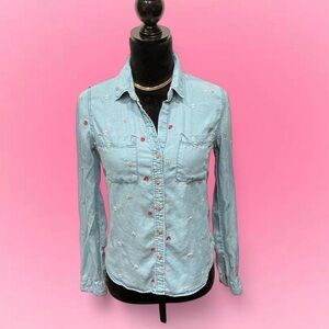 🌹Miami Light Blue Flower Embroidered Button-Down denim Shirt